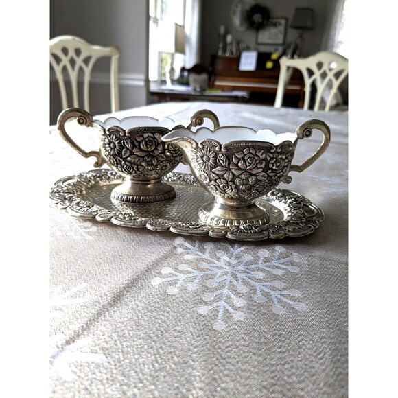 Silverplate Embossed Floral Vtg Sugar Bowl Creamer w Tray White Porcelain Rare - Picture 2 of 16